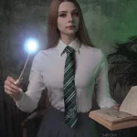 Slytherin student from Hogwarts Legacy stripped down to her underwear (sexy cosplHogwarts Legacy → photo 10